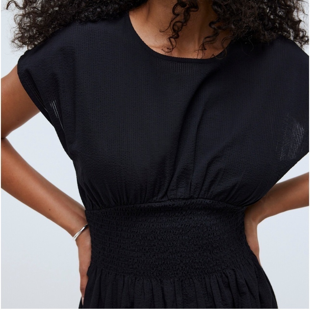 Madewell Smocked Waist Midi Dress Stripe Seersucker Linen Blend Black XS NWT - Picture 2 of 13